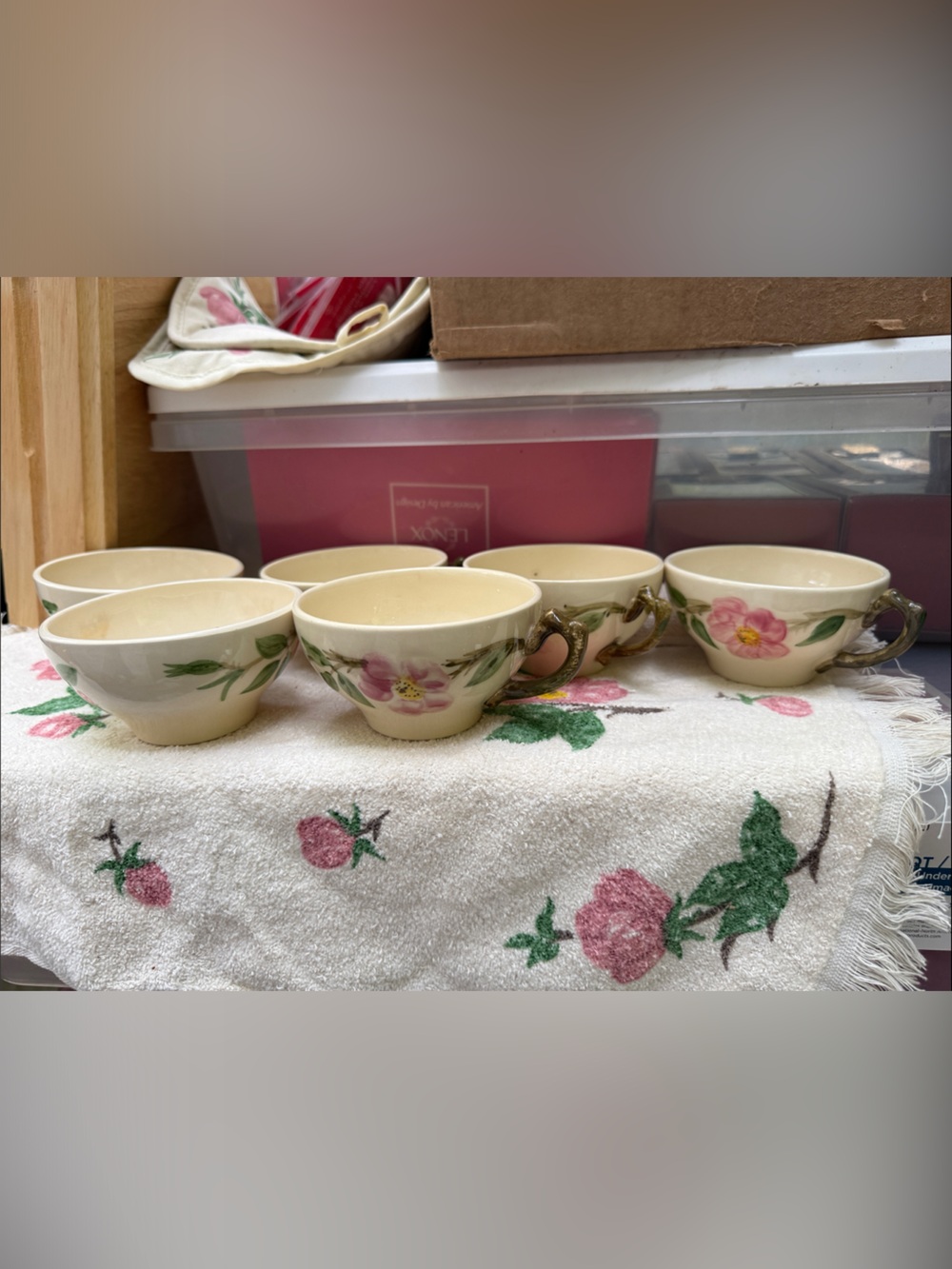 Floral Ceramic Teacup Set in Cream with Pink Flowers - 14 Pc